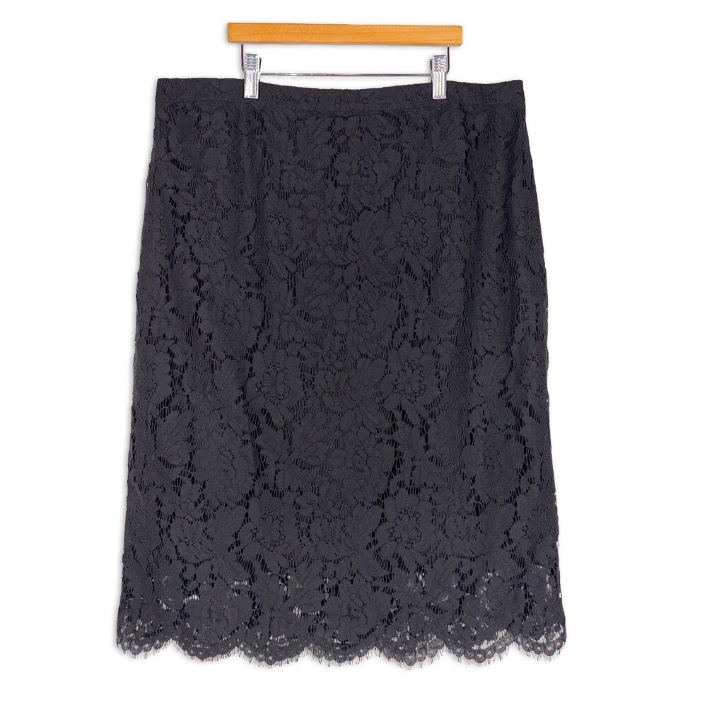 NWT J Crew Black Lace Pencil Skirt Size 16 Scalloped Hem Classic Preppy